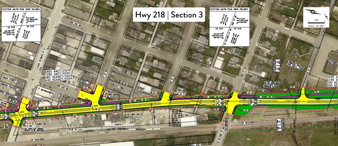 A section of the Hwy 218 design from Main St. to 4th St. NE